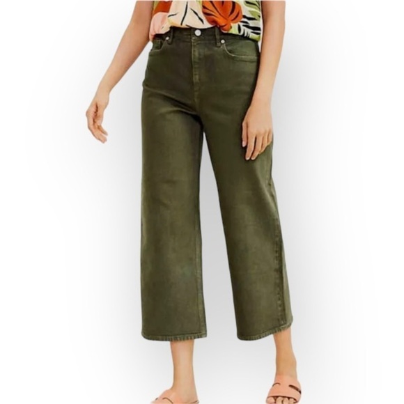LOFT 0 (25) Wide Leg Pants Jeans High Rise Cropped Olive Green Stretch 2022 - Picture 1 of 10